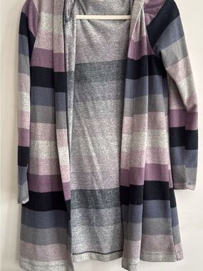 Source Unknown Striped Open-Front Hooded Cardigan in Lavender, Gray, Navy, Black